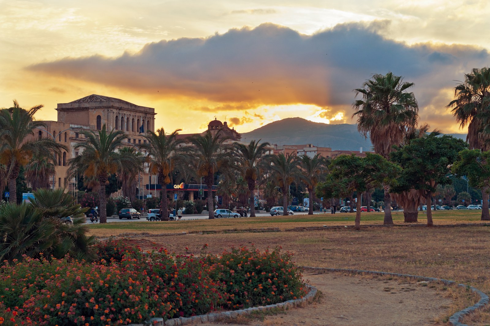 Il Foro Italico di Palermo al tramonto: palme, prato e aiuole fiorite con il Monte Pellegrino sullo sfondo